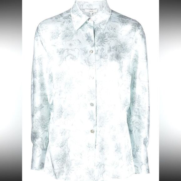 NWT Vince Painted Magnolia Band Collar Blouse -POWDER BLUE Satin Large - Picture 8 of 13